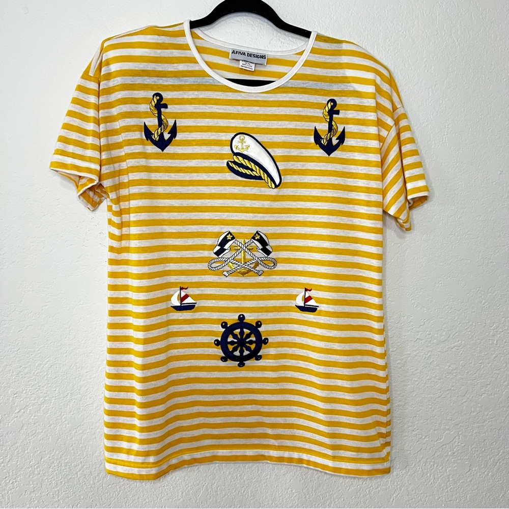 VTG Afiva Designs Yellow Striped Embroidered Nautical Sailor‎ Captain OSFM Shirt